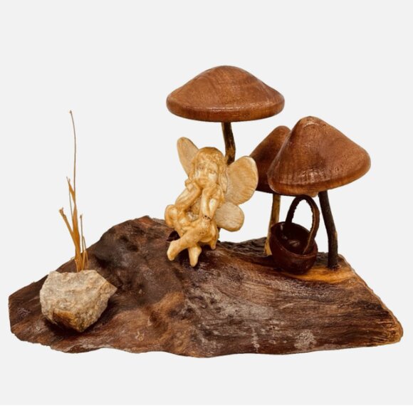 Simply Wooden H Gilbert Hand Carved Fairy Mushroom Wood Sculpture Cottagecore